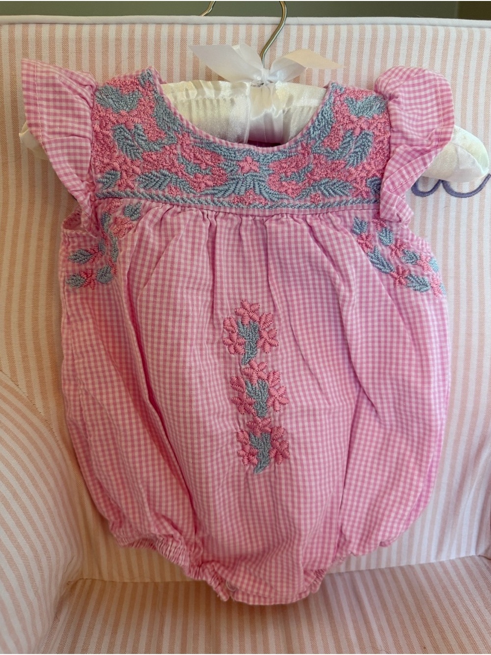 Classic Whimsy Pink Gingham Smocked Baby Girl Bubble with Floral Embroidery